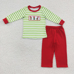 Cartoon Stripe Green Red Boys Christmas Outfits