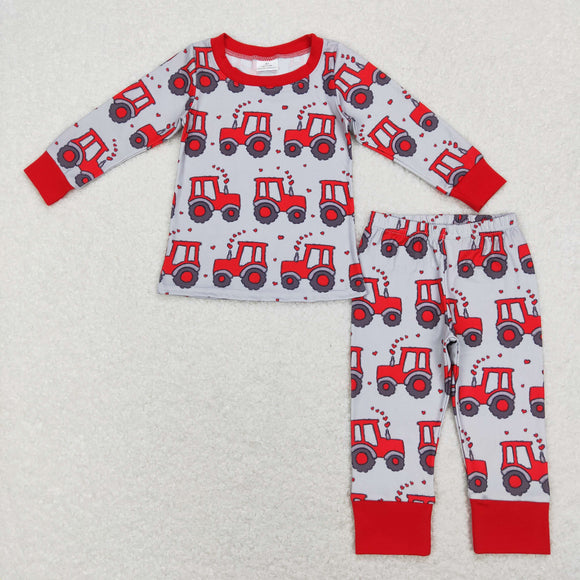 Tractor Heart Red Gray Boys Valentines Pajamas