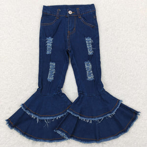 Distressed Dark Blue Flared Girls Jeans Pants