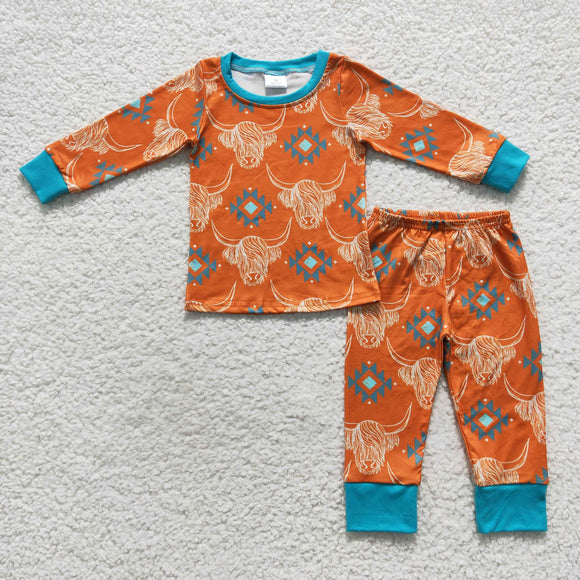 Highland Cow Aztec Orange Blue Boys Long Sleeve Pajamas