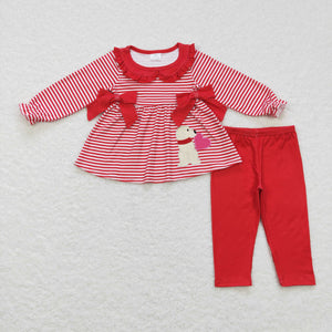 Dog Heart Red Ruffles Bows Stripe Girls Valentine Outfits