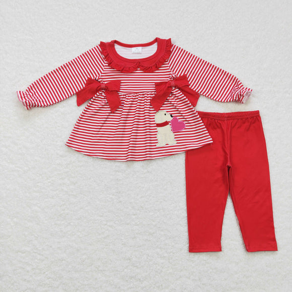 Dog Heart Red Ruffles Bows Stripe Girls Valentine Outfits