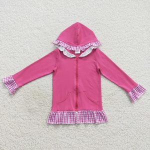 Plaid Ruffles Hot Pink Girls Hoodie Top