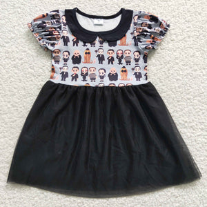 Cartoon Wednesday Black Gauze Tulle Girls Short Sleeve Dress