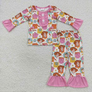 Cartoon Pig Plaid Pink Ruffles Girls Long Sleeve Pajamas