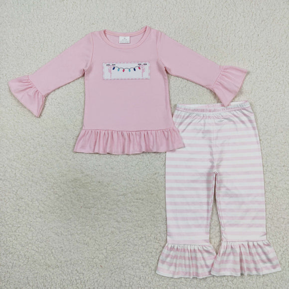 Xmas Lights Pink Stripe Girls Christmas Outfits