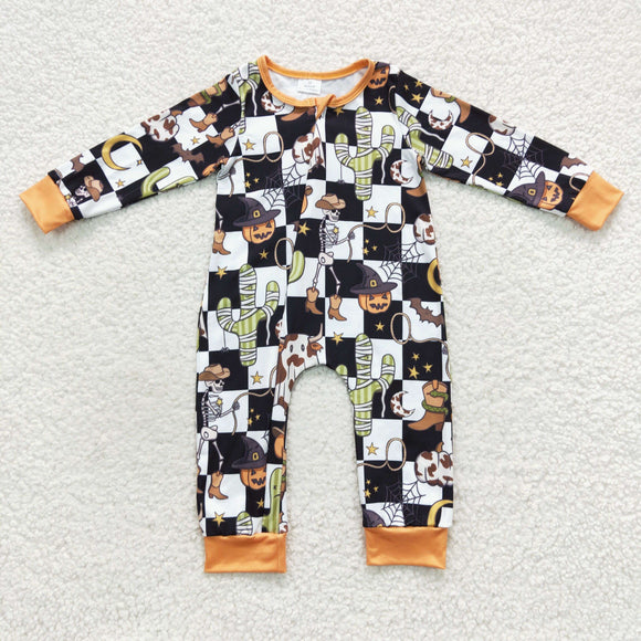 Pumpkin Cactus Plaid Boys Halloween Romper