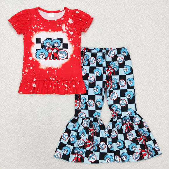 Cartoon Cats Plaid Red Girls Short Sleeve+Trousers Sets