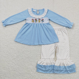 Cartoon Dogs Polka Dots Sky Blue Girls Christmas Outfits