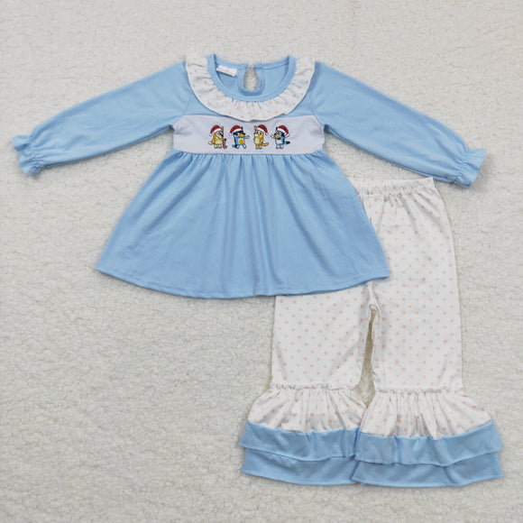 Cartoon Dogs Polka Dots Sky Blue Girls Christmas Outfits