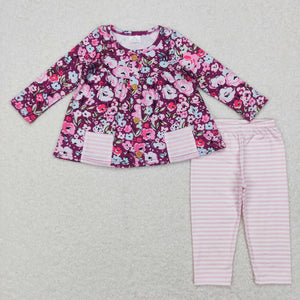 Floral Pockets Stripe Pink Purple Girls Long Sleeve+Trousers Sets