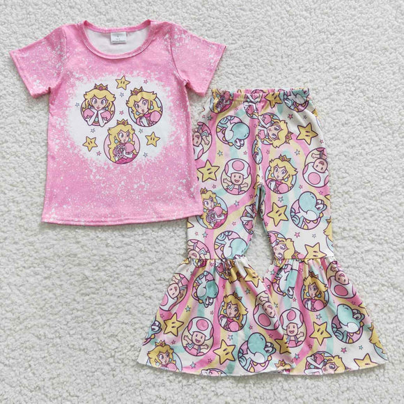 Cartoon Princess Pink Girls Short Sleeve+Trousers Sets