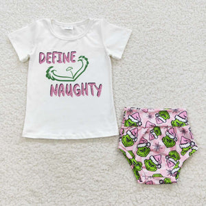 Define Naughty Pink Plaid Girls Christmas Bummies Sets