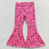 Highland Cow Aztec Hot Pink Flared Girls Jeans Pants