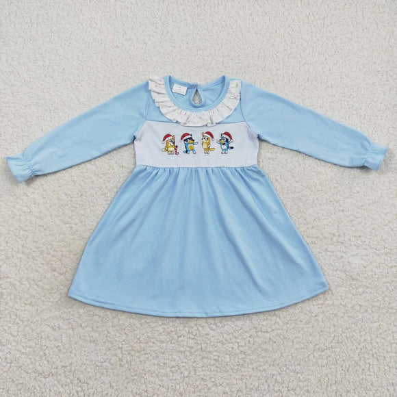 Cartoon Dogs Sky Blue Girls Christmas Dress