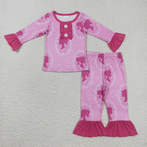 Cartoon Dolls Hot Pink Girls Long Sleeve Pajamas