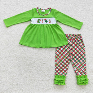 Cartoon Characters Dog Green Plaid Girls Christmas Outfits