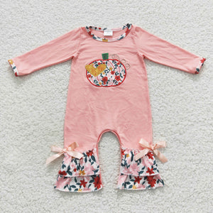 Floral Pumpkin Pink Girls Fall Romper