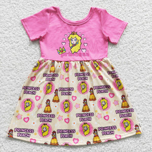 Cartoon Princess Hot Pink Girls Short Sleeve Dress