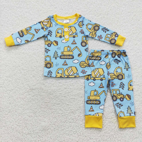 Construction Truck Blue Yellow Boys Long Sleeve Pajamas