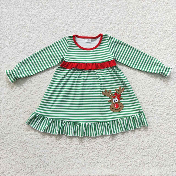 Reindeer Green Stripe Red Girls Christmas Dress