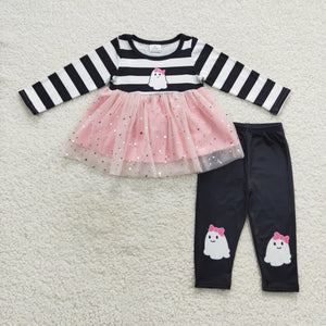 Ghost Sequin Pink Black Stripe Girls Halloween Outfits