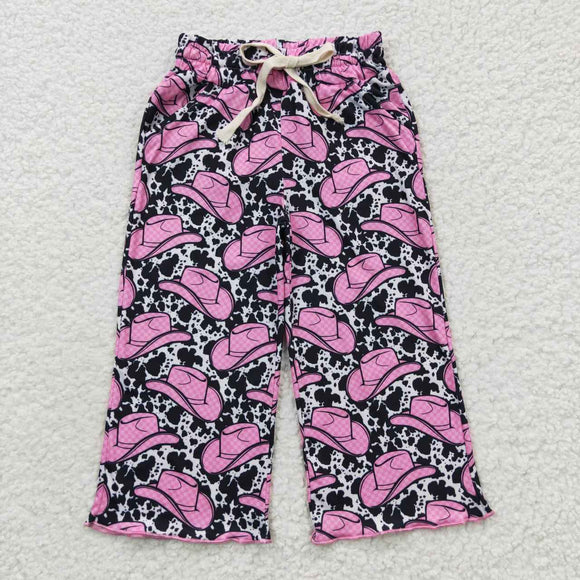 Pink Cowgirl Hat Cow Print Girls Long Pants