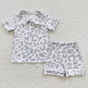 Gray Leopard Print White Boys Short Sleeve Pajamas