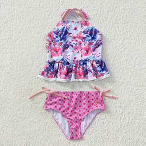 Floral Lace Ruffles Hot Pink Girls Swimsuits