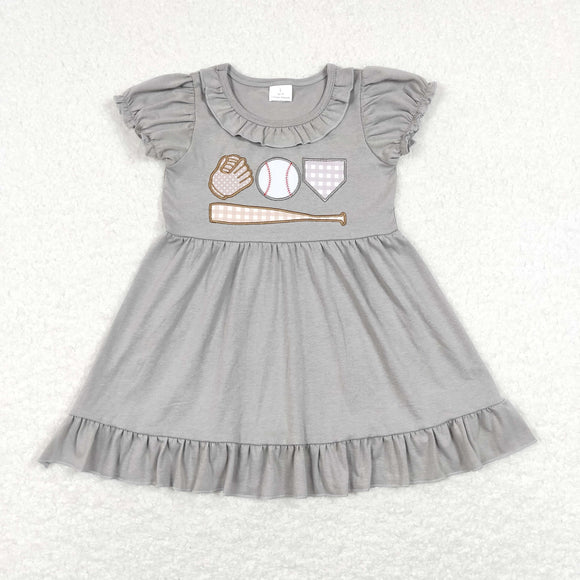 Baseball Plaid Gray Girls Short Sleeve Dress