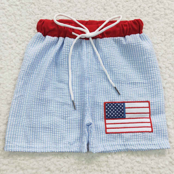 Flag Sky Blue Stripe Boys 4th of July Swimming Trunks