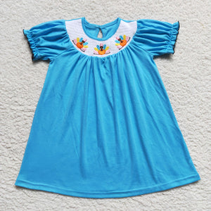 Turkey Blue Smocked Girls Thanksgiving Dress