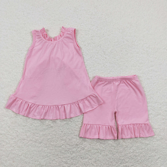 Solid Pink Bow Girls Shorts Sets