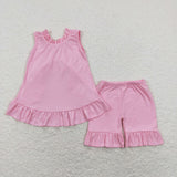 Solid Pink Bow Girls Shorts Sets