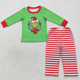 Cartoon Red Stripe Green Boys Christmas Outfits