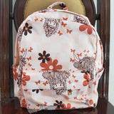 Highland Cow Floral Print Pink Plaid Backpack