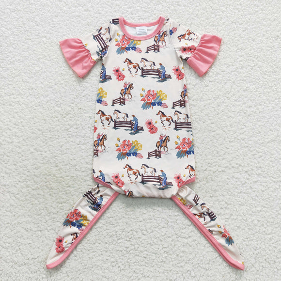 Horses Floral Pink Night-Robe Baby Summer Romper