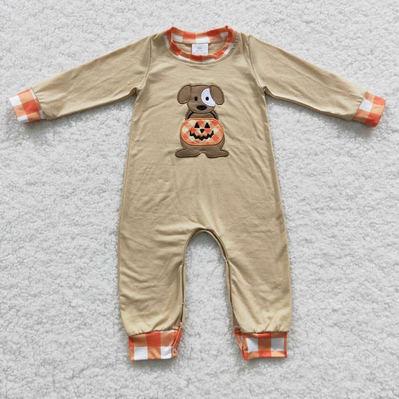 Pumpkin Dog Orange Plaid Beige Boys Halloween Romper