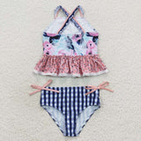 Floral Lace Ruffles Navy Plaid Girls Swimsuits