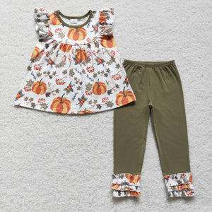 Pumpkin White Green Girls Short Sleeve+Trousers Sets