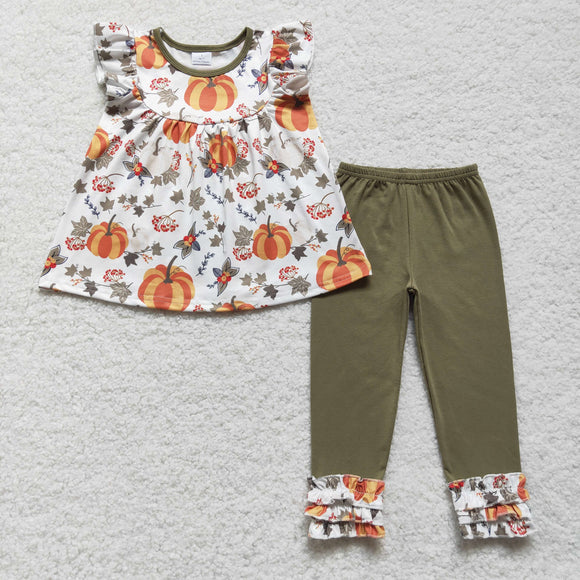 Pumpkin White Green Girls Short Sleeve+Trousers Sets