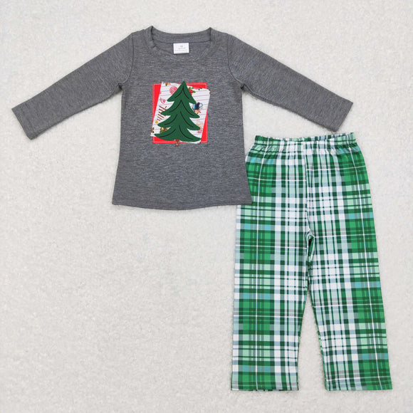 Tree Green Plaid Gray Boys Christmas Outfits
