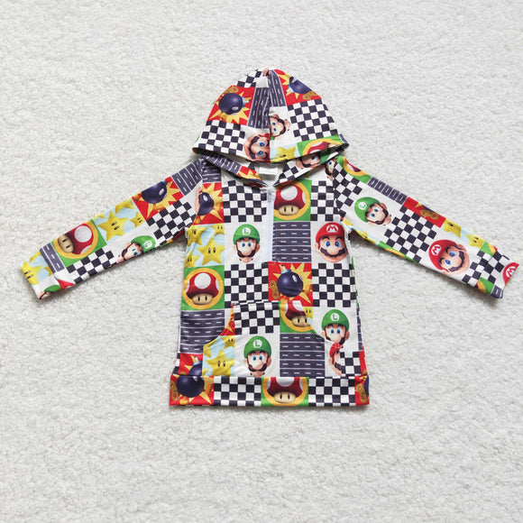 Cartoon Plaid Stars White Boys Hoodie Top