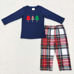 Trees Plaid Navy Boys Christmas Outfits