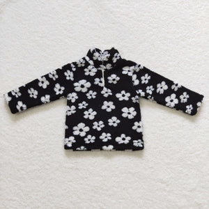 White Floral Black Kids Pullover Plush Coat