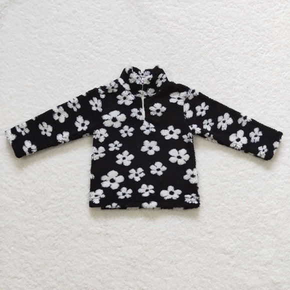 White Floral Black Kids Pullover Plush Coat