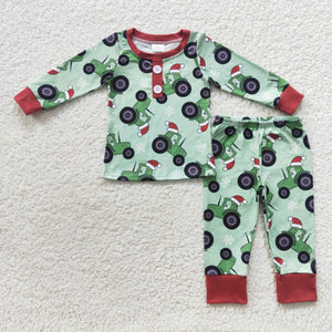 Tractor Green Boys Christmas Pajamas