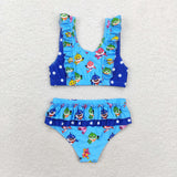 Cartoon Blue Ruffles Girls Swimsuits