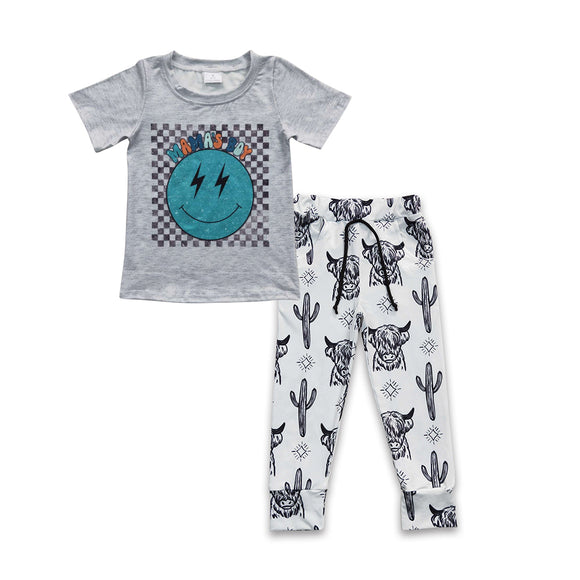 Mama's boy Smile Highland Cow White Boys Short Sleeve+Trousers Sets