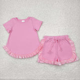 Solid Pink Velvet Ruffles Girls Shorts Sets
